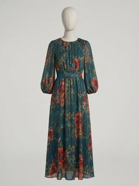 Maison Tara Teal Maxi Dress with Red Floral Print and Balloon Sleeves